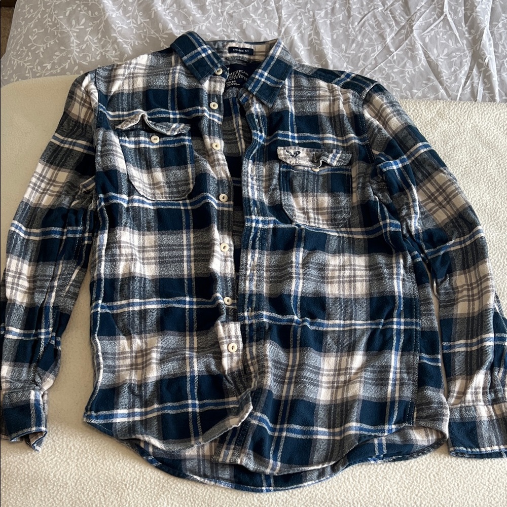 American Eagle Outfitters Navy and Cream Plaid Shirt